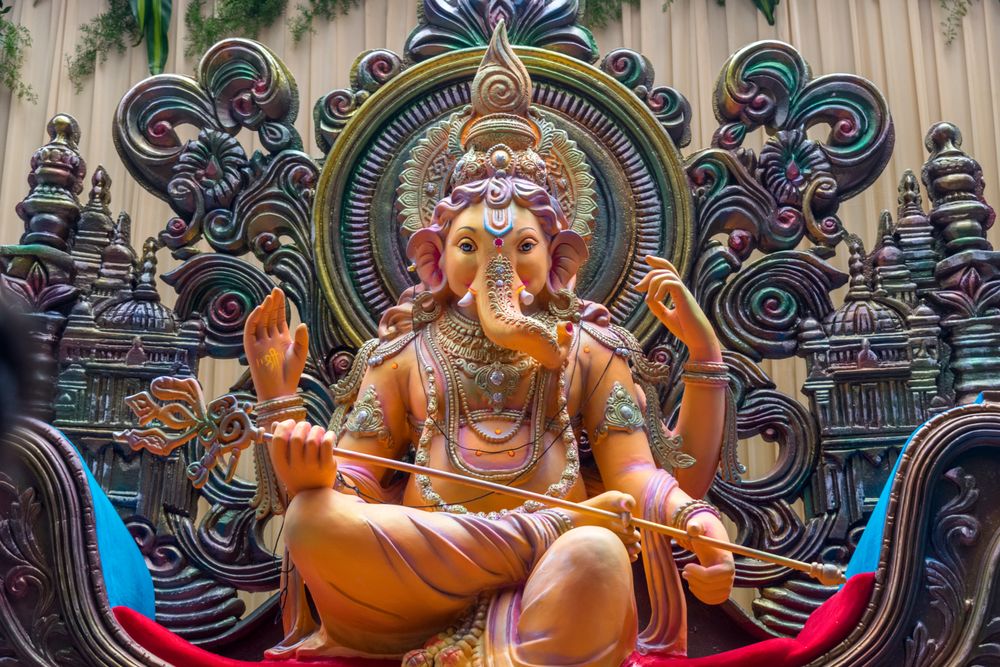 A beautiful idol of Lord Ganpati being displayed in a procession called Aagman Sohala in Mumbai, India for the festival of Ganesh Chaturthi