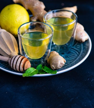 Detox drinks with lemon, ginger and mint with copy space