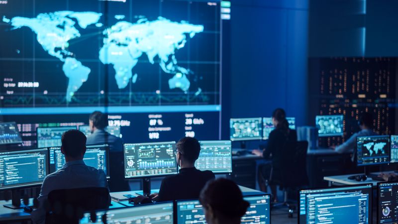 Analysts Monitor Global Data in High-tech Command Center. Large World Map Display Dominates, With Multiple Screens Showing Real-time Information. Team Works Collaboratively in Blue-lit Environment.
