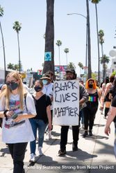 Los Angeles, CA, USA — June 14th, 2020: protestors walking down street carrying signs at BLM march 48Bnv0