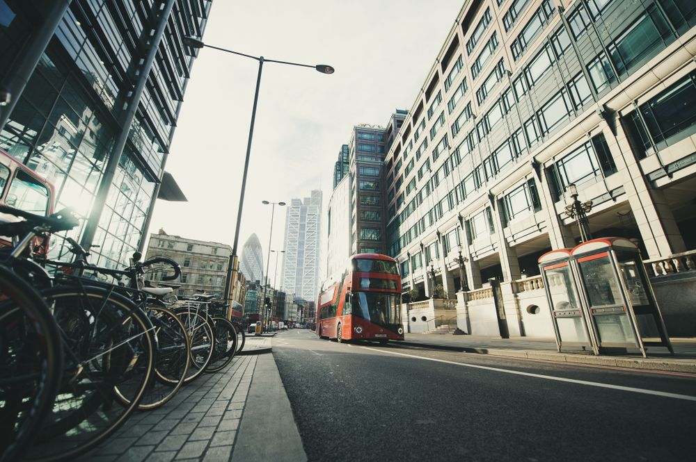 Red bus on city street