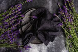 Top view of table setting with lavender flowers