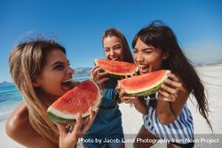 Cheerful female models laughing with watermelon slices 5lqoM4