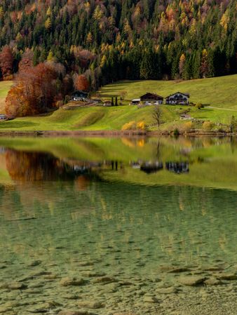 Lake Hintersee in an autumn scenery in Bavaria, Germany
