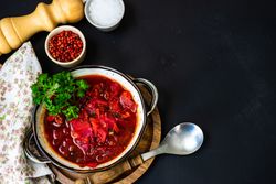 Top view of traditional Ukrainian soup borscht