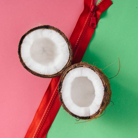 Coconut halves on pink and green background and red zipper