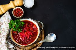 Top view of traditional Ukrainian soup borscht bYqng6