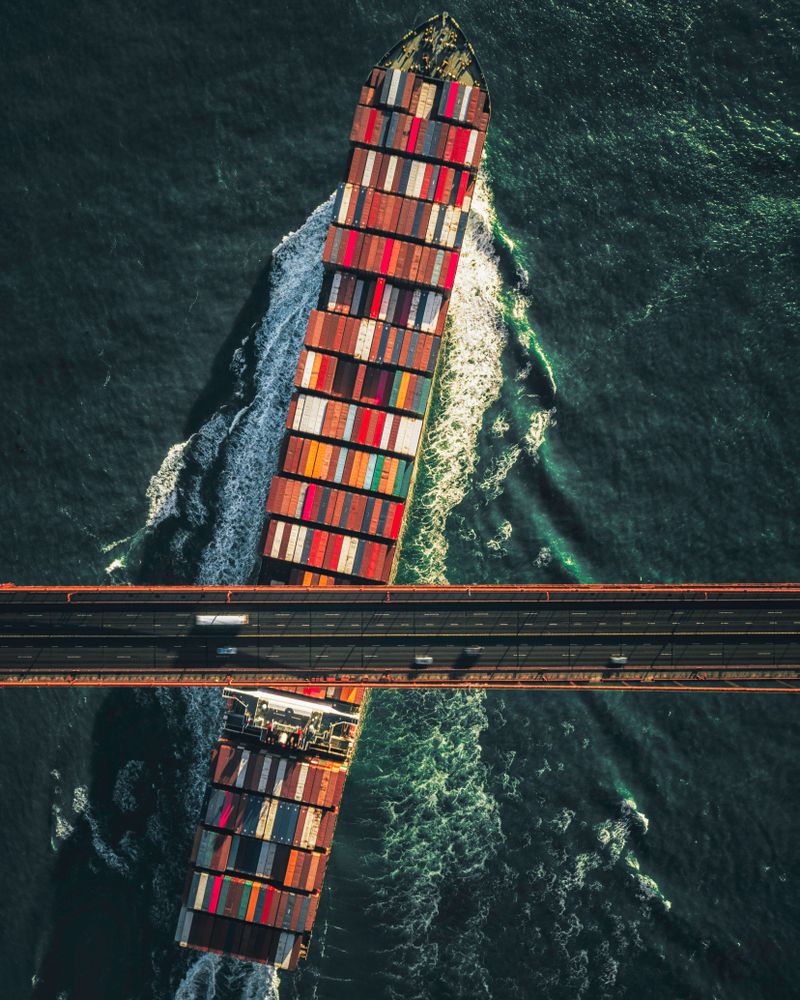 Cargo ship passing under bridge