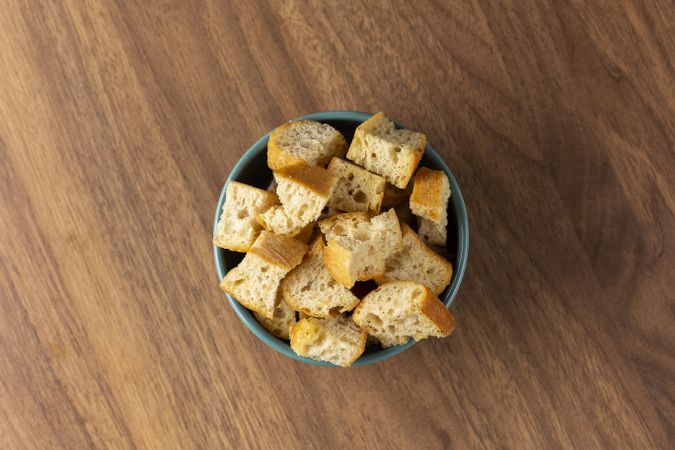 Delicious crunchy croutons on the table.