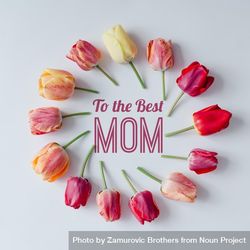 Circle of tulips on light  background with “To the Best Mom” text 0LanP5