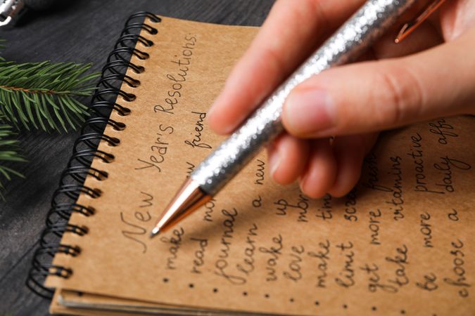 Concept of New Year Resolutions list, new year goals, close up
