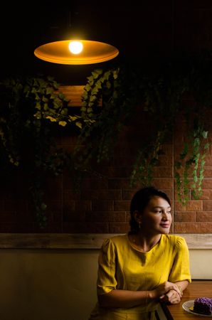 Woman in yellow dress sitting under lamp in front of brick wall