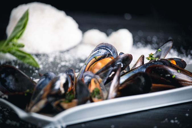 Steamed mussels with Thai sauce in plate