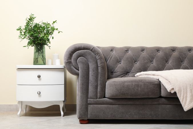 Cozy interior with sofa against light beige wall