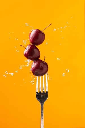 Composition of ripe red cherries on fork