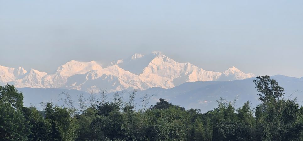 Snow Capped Peaks Forested Foothills Panorama