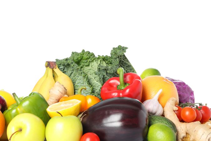 Composition with fresh vegetables and fruits isolated on blank background
