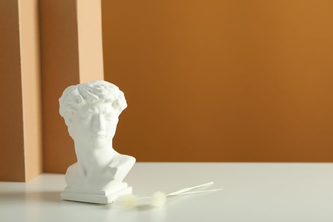 Bust on table with two dried flowers in brown room with copy space