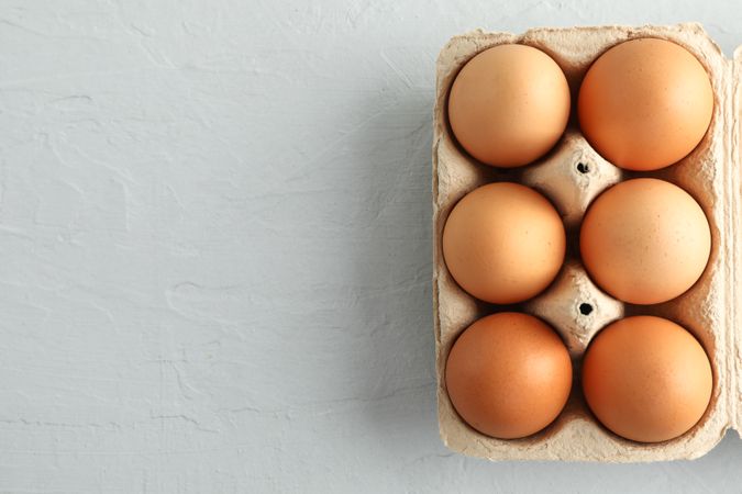 Chicken eggs in carton box on gray background, space for text