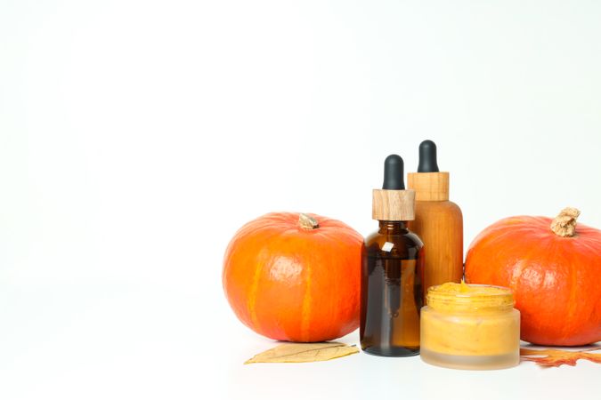 Concept of different cosmetic products, Pumpkin cosmetics, space for text