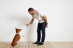 Casual, tattooed man repremanding dog