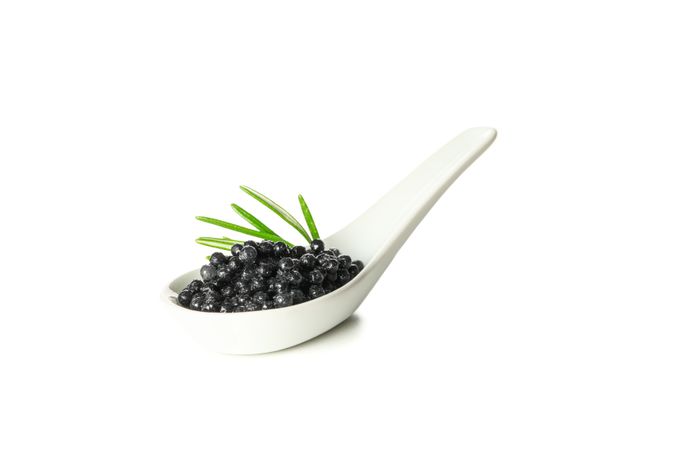 Glass spoon with caviar isolated on blank background