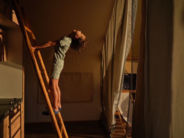 Boy standing on wooden ladder and leaning back in morning