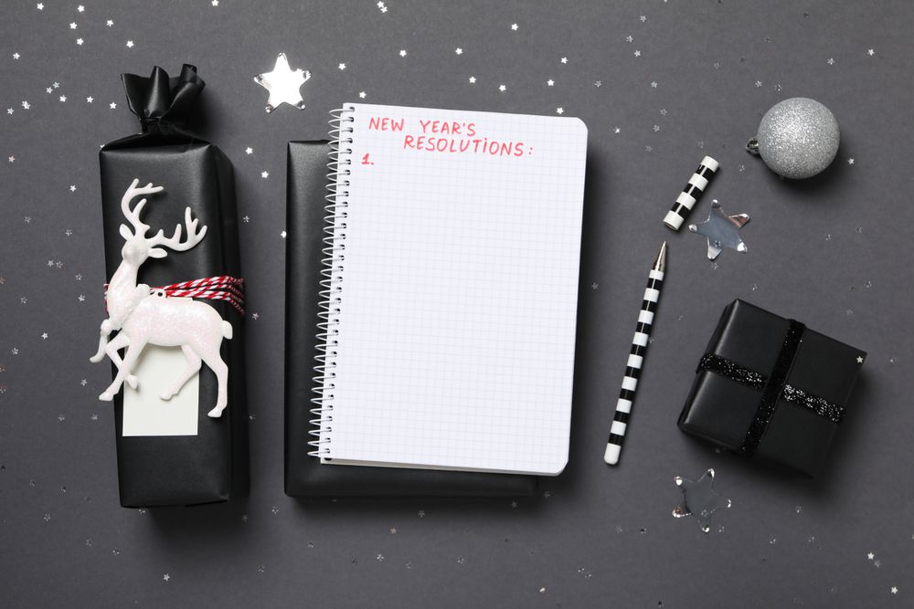 Concept of New Year Resolutions list, new year goals, top view