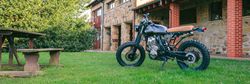 Custom motorcycle parked on the grass