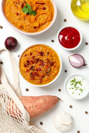 Concept of tasty food, sweet potato puree, top view