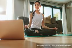 Chinese woman exercising yoga while watching instructional videos on laptop 5wMR1b
