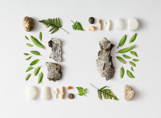 Layout made of leaves, stones, and tree bark on light background