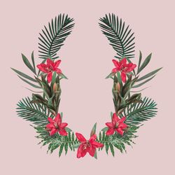 Leaves and red flowers in wreath on blush background