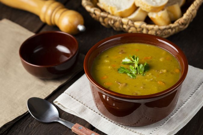 Pea soup. Bowl with pea soup on the table