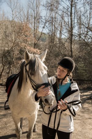 Woman taking care of horse
