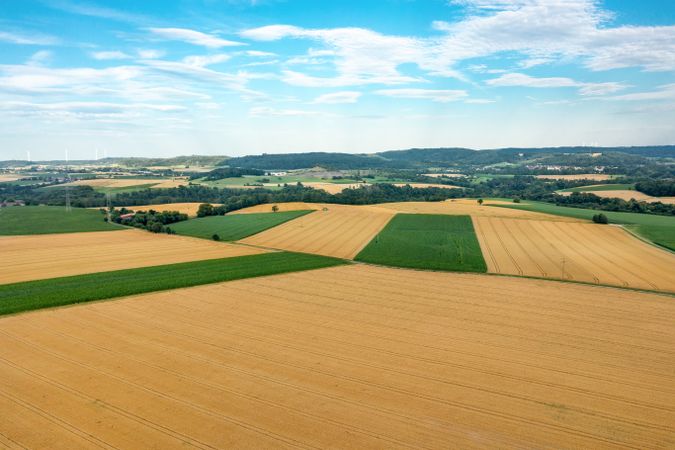 Aerial view with agricultural fields in South Germany