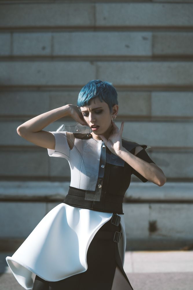 Expressive model in alternative dress on street