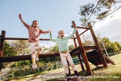 Happy little twin sisters jumping off a wooden log at the park 0VYZNb