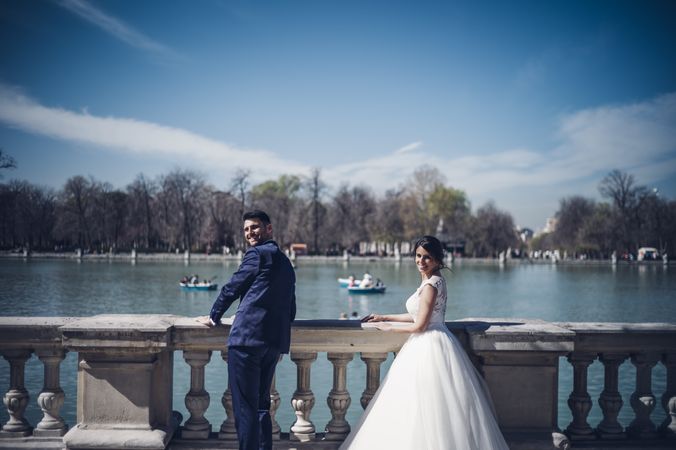 Newlyweds near lake