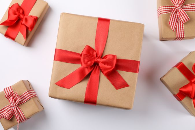 Beautiful gift boxes on blank background, top view