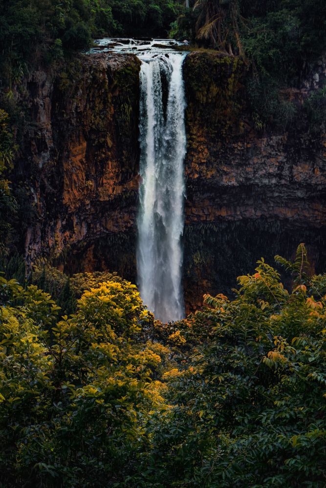 Water fall going over rocks into green and yellow vegetation, vertical