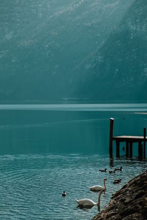 Lonely empty pier in turquoise water along mountain