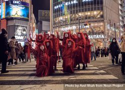 Japan - Tokyo, Shibuya Japan - November 29th, 2019: Red Rebel Brigade mid dance at protest 4AzXWb