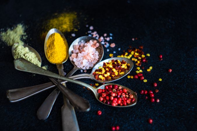 Top view of seasonings in spoons