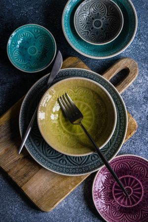 Top view of colorful elegant rustic table setting