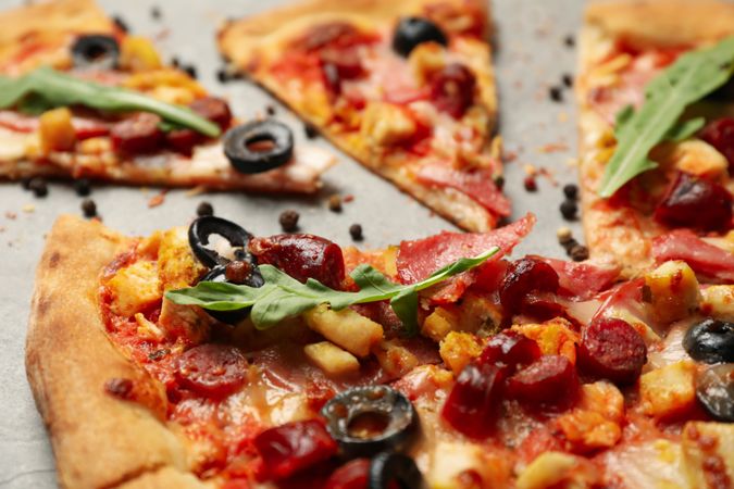 Tasty meat pizza on gray background, close up