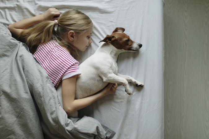 Top view of young girl sleeping  on bed with her arm around dog