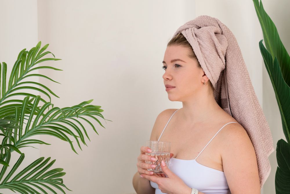 Woman drinking water after skincare.