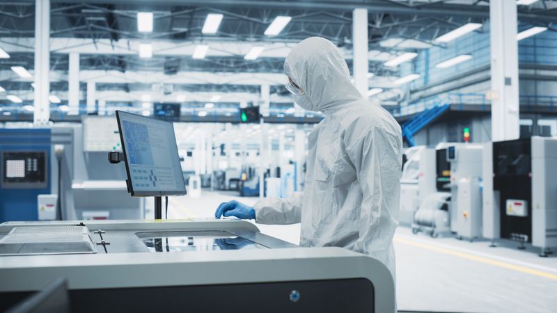 Unrecognizable person in protective gear working in front of screen in store