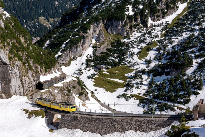 Cog railway transporting tourists in the Bavarian Alps on a sunny day of September